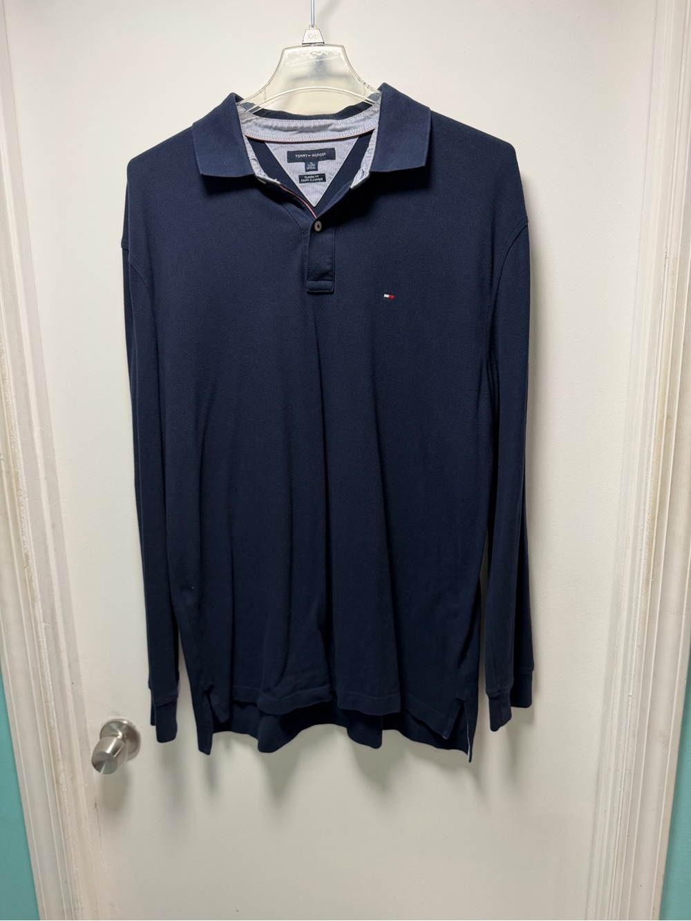 Tommy Hilfiger Navy Long-Sleeve Polo with Contrast Collar Trim